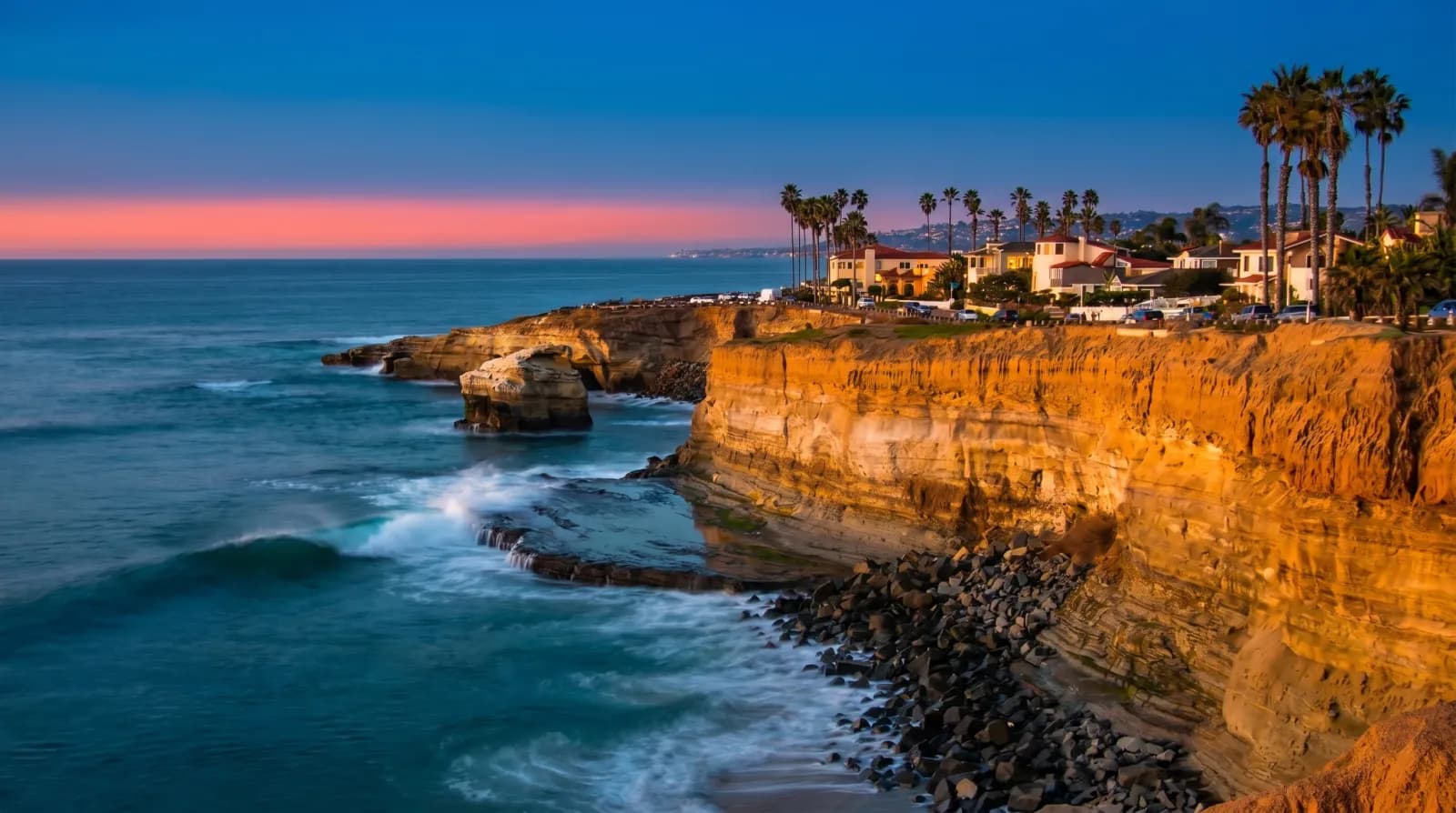 Sunset Cliffs Natural Park bluffs above the Pacific at golden hour, Point Loma, San Diego